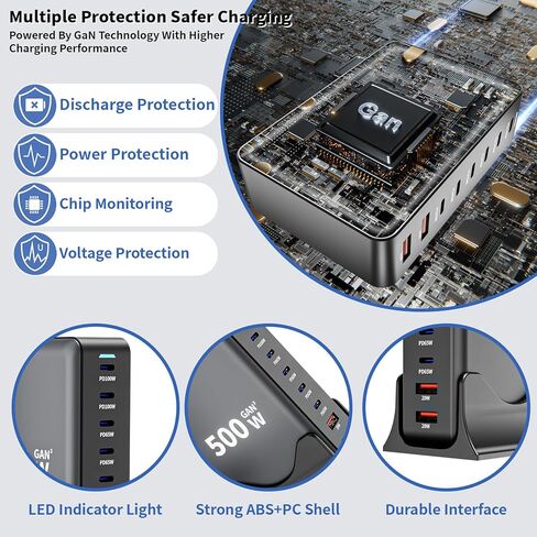 كتلة شاحن USB C، 500 واط GaN 8 منافذ USBC محطة شحن USB Hub Block Cube مع PD3.0 نوع C وUSB A محول طاقة شاحن حائط لأجهزة متعددة Apple iPhone 17/16/15، MacBook Pro/Air، iPad-أسود in Kuwait