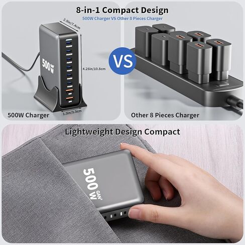 كتلة شاحن USB C، 500 واط GaN 8 منافذ USBC محطة شحن USB Hub Block Cube مع PD3.0 نوع C وUSB A محول طاقة شاحن حائط لأجهزة متعددة Apple iPhone 17/16/15، MacBook Pro/Air، iPad-أسود in Kuwait
