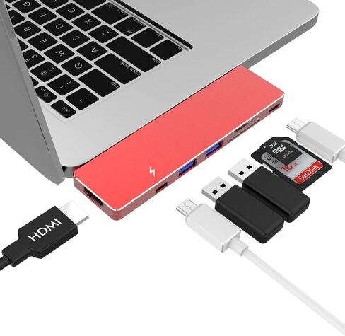 محول دونجل Thunderbolt 3 USB-C Hub، قاعدة توصيل صغيرة من الألومنيوم متعددة المنافذ لجهاز MacBook Pro 13 بوصة و15 بوصة، أسرع 40 جيجابايت/ثانية، 4K HDMI، شحن عابر، قارئ SD/Micro ومنفذين USB 3.0 in Kuwait