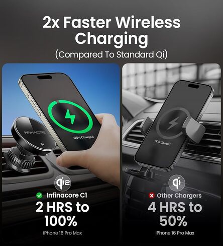 InfinaCore لشاحن Qi2 15W MagSafe لتثبيت السيارة، شاحن سيارة لاسلكي مغناطيسي فائق السرعة لملحقات iPhone 16 Pro Max، شاحن Qi2 MagSafe يناسب iPhone 16 15 14 13 12، سامسونج مع حافظة MagSafe in Kuwait