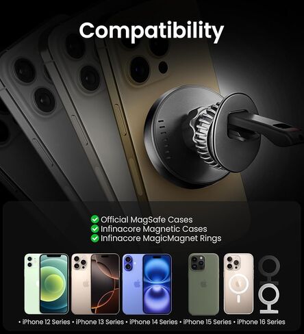InfinaCore لشاحن Qi2 15W MagSafe لتثبيت السيارة، شاحن سيارة لاسلكي مغناطيسي فائق السرعة لملحقات iPhone 16 Pro Max، شاحن Qi2 MagSafe يناسب iPhone 16 15 14 13 12، سامسونج مع حافظة MagSafe in Kuwait