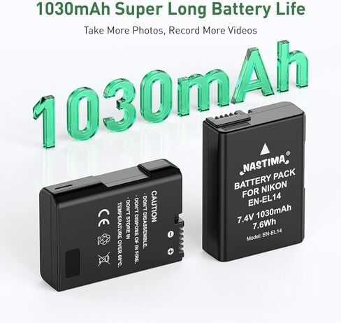 Nastima 2-Pack EN-EL14 / EN-EL14a بطارية قابلة للشحن وشاحن USB متوافق مع كاميرات نيكون D3100 D3200 D3300 D3400 D3500 D5100 D5200 D5300 D5500 D5600 DF Coolpix P7000 P7100 P7700 P7800 in Kuwait