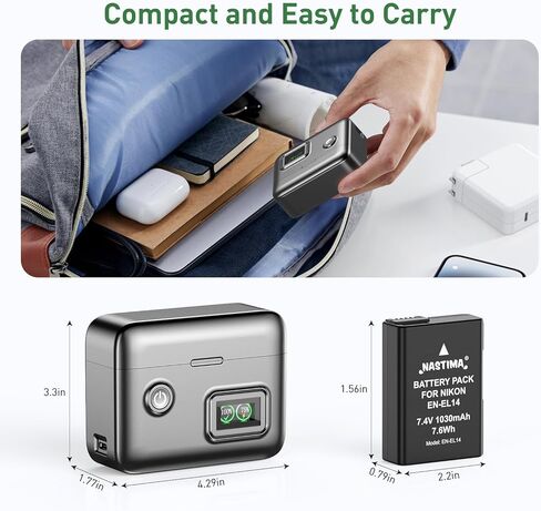 Nastima 2-Pack EN-EL14 / EN-EL14a بطارية قابلة للشحن وشاحن USB متوافق مع كاميرات نيكون D3100 D3200 D3300 D3400 D3500 D5100 D5200 D5300 D5500 D5600 DF Coolpix P7000 P7100 P7700 P7800 in Kuwait