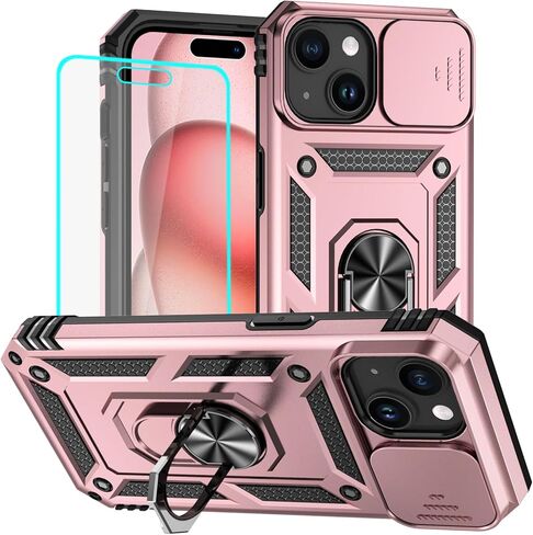 HNHYGETE for iPhone 15 Case with HD Screen Protector: [Military Grade 20ft. Drop Tested] Ring Shockproof Protective Phone Case for - iPhone 15 Black in Kuwait
