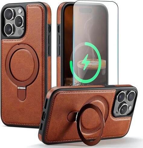 حافظة لهاتف iPhone 12 Pro Max مع حامل، متوافقة مع MagSafe، جلد PU نحيف وحافظات هاتف مغناطيسية متينة واقية من مادة TPU مع واقي شاشة من الزجاج المقوى مقاس 6.7 بوصة، بني in Kuwait