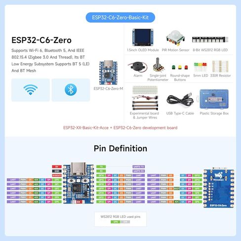 Waveshare ESP32-C6 Series Basic Kit, Quick Start with Rich Tutorials and Resources, Compatible with Arduino, MicroPython, andnd ESP-IDF Programming,Contains ESP32-C6-Zero Dev Board in Kuwait