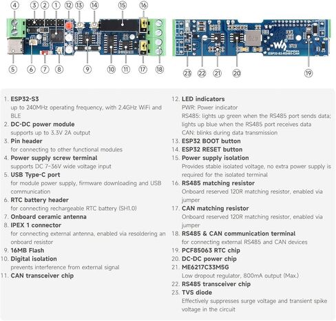 KLAYERS ESP32-S3 Industrial Communication Board, RS485/CAN/Wi-Fi/Bluetooth, Multi-Interface Protection, Arduino-Compatible for AIoT​ in Kuwait