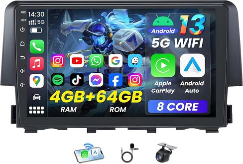[8Core 4GB RAM 64GB ROM] Car Radio for Honda Civic 2016-2021: 9" 1280 * 800 HD Touchscreen Stereo with Wireless Carplay Android Auto 5G WiFi GPS Bluetooth FM AM DSP SWC 1080P Backup Camera in Kuwait