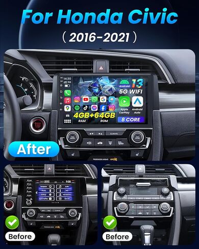 [8Core 4GB RAM 64GB ROM] Car Radio for Honda Civic 2016-2021: 9" 1280 * 800 HD Touchscreen Stereo with Wireless Carplay Android Auto 5G WiFi GPS Bluetooth FM AM DSP SWC 1080P Backup Camera in Kuwait