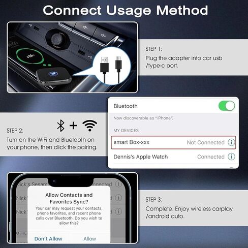 محول CarPlay اللاسلكي 2026 تمت ترقيته، تصميم صغير يحول سلك المصنع إلى CarPlay اللاسلكي، التوصيل والتشغيل التلقائي الاتصال السريع الثابت لهاتف iPhone iOS 10+ Cars 2015+ مع USB C/A in Kuwait