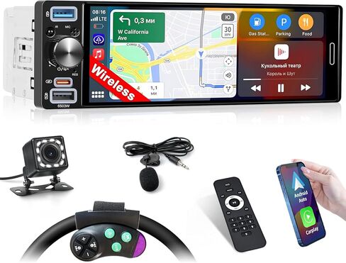 Inefala 6.86 بوصة ستيريو سيارة DIN واحد مع Apple Carplay اللاسلكي وAndroid Auto، شاشة تعمل باللمس بلوتوث راديو السيارة دعم وصلة مرآة، كاميرا احتياطية، عجلة القيادة، جهاز التحكم عن بعد، USB/FM/MIC in Kuwait