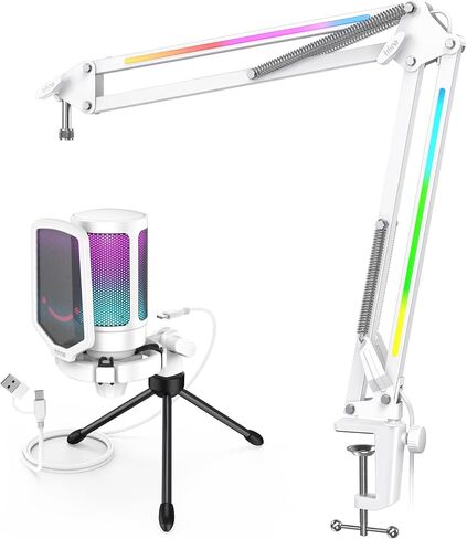 FIFINE Condenser USB Microphone & RGB Microphone Boom Arm Bundle, PC Gaming Streaming Mic with Mute & Gain, Heavy Duty Adjustable RGB Desk Mic Mount for Studio, Podcasting-A6VW+BM38W in Kuwait