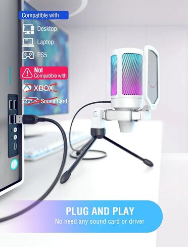 FIFINE Condenser USB Microphone & RGB Microphone Boom Arm Bundle, PC Gaming Streaming Mic with Mute & Gain, Heavy Duty Adjustable RGB Desk Mic Mount for Studio, Podcasting-A6VW+BM38W in Kuwait
