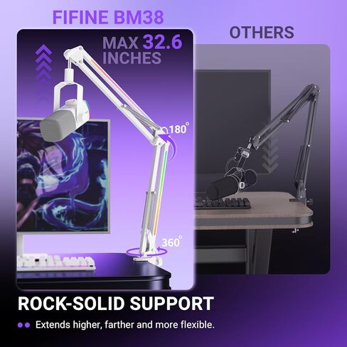 FIFINE Condenser USB Microphone & RGB Microphone Boom Arm Bundle, PC Gaming Streaming Mic with Mute & Gain, Heavy Duty Adjustable RGB Desk Mic Mount for Studio, Podcasting-A6VW+BM38W in Kuwait