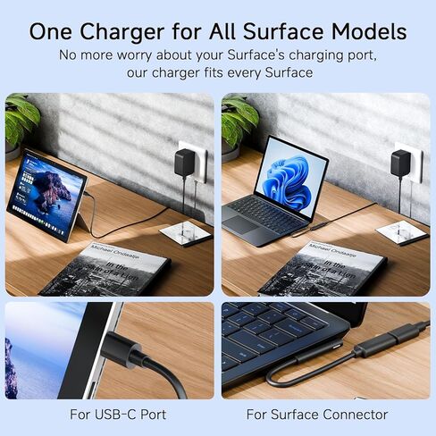 شاحن 65 وات لجهاز Microsoft Surface Pro 11، 10، 9، 8، 7+، 7، X، 6، 5، 4، 3، محول طاقة 2 في 1 لأجهزة الكمبيوتر المحمول Windows Surface 7/6/5/4/3/2/1، Go Tablet، Book 3/2/1، كابل USB-C بطول 6.6 قدم، جودة أصلية in Kuwait