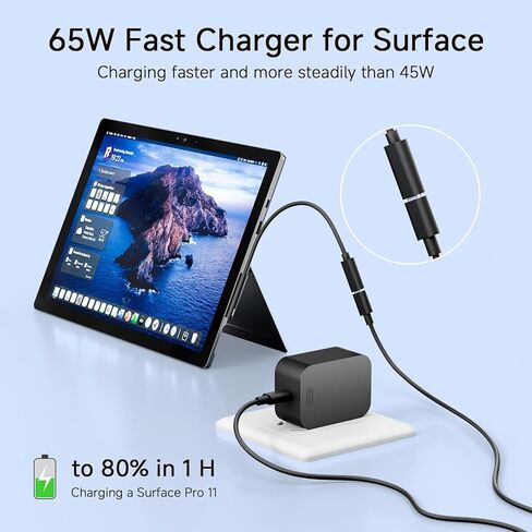 شاحن 65 وات لجهاز Microsoft Surface Pro 11، 10، 9، 8، 7+، 7، X، 6، 5، 4، 3، محول طاقة 2 في 1 لأجهزة الكمبيوتر المحمول Windows Surface 7/6/5/4/3/2/1، Go Tablet، Book 3/2/1، كابل USB-C بطول 6.6 قدم، جودة أصلية in Kuwait