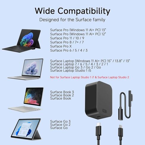 شاحن 65 وات لجهاز Microsoft Surface Pro 11، 10، 9، 8، 7+، 7، X، 6، 5، 4، 3، محول طاقة 2 في 1 لأجهزة الكمبيوتر المحمول Windows Surface 7/6/5/4/3/2/1، Go Tablet، Book 3/2/1، كابل USB-C بطول 6.6 قدم، جودة أصلية in Kuwait