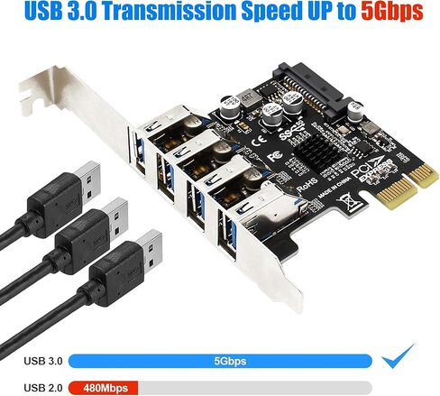 PCI-E USB 3.2 GEN1 Card 4-port PCI Express to USB-A Expansion Card, 5Gbps USB 3.0 Port Controller Adapter for Windows 11/10/8/7/XP/Vista/LINUX, Can Connects to High Power Devices to 15PIN Power Supply in Kuwait