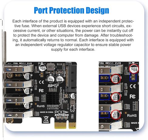 PCI-E USB 3.2 GEN1 Card 4-port PCI Express to USB-A Expansion Card, 5Gbps USB 3.0 Port Controller Adapter for Windows 11/10/8/7/XP/Vista/LINUX, Can Connects to High Power Devices to 15PIN Power Supply in Kuwait