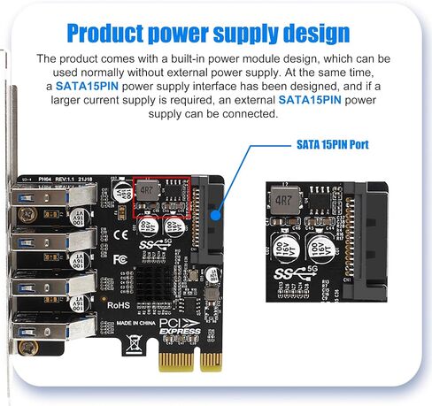 PCI-E USB 3.2 GEN1 Card 4-port PCI Express to USB-A Expansion Card, 5Gbps USB 3.0 Port Controller Adapter for Windows 11/10/8/7/XP/Vista/LINUX, Can Connects to High Power Devices to 15PIN Power Supply in Kuwait