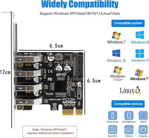 PCI-E USB 3.2 GEN1 Card 4-port PCI Express to USB-A Expansion Card, 5Gbps USB 3.0 Port Controller Adapter for Windows 11/10/8/7/XP/Vista/LINUX, Can Connects to High Power Devices to 15PIN Power Supply in Kuwait