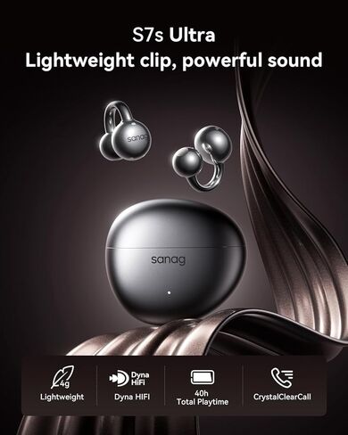 سماعات Sanag S7S Ultra AI Translator، سماعات أذن مفتوحة بلوتوث 6.0، وقت تشغيل 40 ساعة IP67 مقاوم للماء، 4 جرام خفيف للغاية، مشبك للسفر، أسود in Kuwait