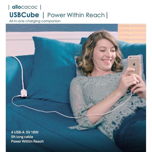 USBCube ممتد، شاحن USB 4 منافذ، 4 USB، 3A، 5V، 18W كحد أقصى، تصميم مضغوط، كابل 5 أقدام، قابس محول الطاقة في متناول اليد لأجهزة iPhone وAndroid وGalaxy وPixel وiPad وNintendo وKindle والمزيد أبيض in Kuwait