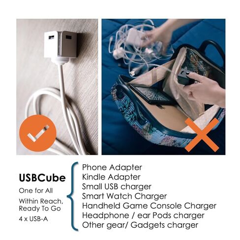 USBCube ممتد، شاحن USB 4 منافذ، 4 USB، 3A، 5V، 18W كحد أقصى، تصميم مضغوط، كابل 5 أقدام، قابس محول الطاقة في متناول اليد لأجهزة iPhone وAndroid وGalaxy وPixel وiPad وNintendo وKindle والمزيد أبيض in Kuwait