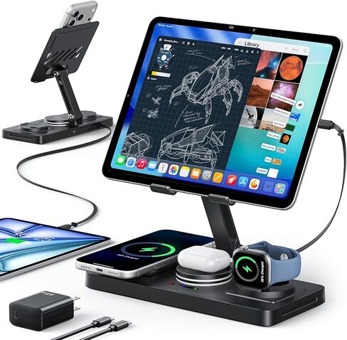 5 in 1 Charging Station for Apple Multiple Devices &65W Adapter, 30W Max Bulit-in Retractable Cable Fast Wired Charging Stand for iPad/Tab, Foldable Magnetic Wireless Charger for iPhone 17/iWatch/Buds in Kuwait