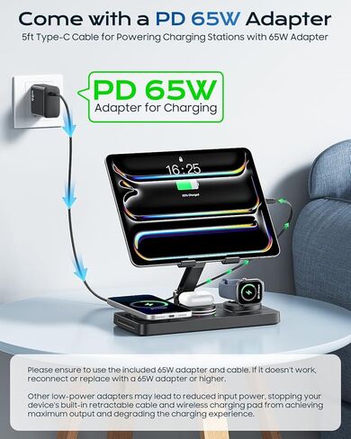 5 in 1 Charging Station for Apple Multiple Devices &65W Adapter, 30W Max Bulit-in Retractable Cable Fast Wired Charging Stand for iPad/Tab, Foldable Magnetic Wireless Charger for iPhone 17/iWatch/Buds in Kuwait