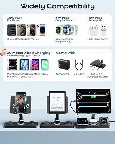5 in 1 Charging Station for Apple Multiple Devices &65W Adapter, 30W Max Bulit-in Retractable Cable Fast Wired Charging Stand for iPad/Tab, Foldable Magnetic Wireless Charger for iPhone 17/iWatch/Buds in Kuwait