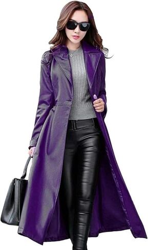 Women's Trench Coat Leather Lambskin Long Overcoat Jacket Real Genuine Black-Red For Women in Saudi Arabia
