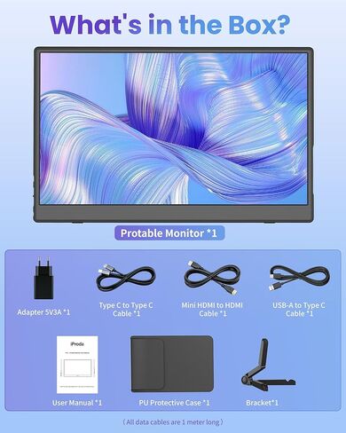 شاشة محمولة لاسلكية مقاس 15.6 بوصة، شاشة سفر FHD 1080P IPS للكمبيوتر المحمول، مستشعر G مدمج، USB-C وHDMI، حامل قابل للطي، حافظة واقية من البولي يوريثان، حامل VESA، حماية من الضوء الأزرق in Kuwait