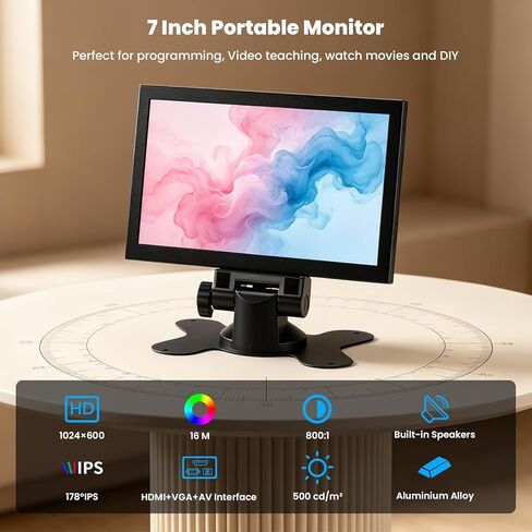 Mini Monitor 7 Inch Screen HDMI, Portable Vga Monitor with AV BNC, 1024×600 LCD Small Screen with Built-in Speakers, 178° View Angle IPS, Multi-Function Small Display for Raspberry Pi PC/TV/DVD/CVBS in Kuwait