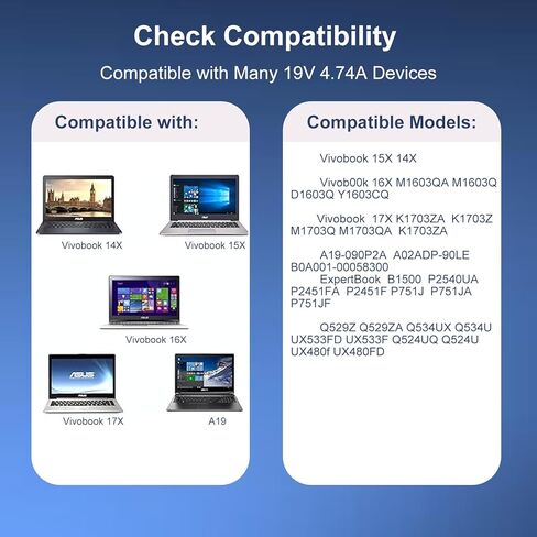 شاحن محول 90 واط متوافق مع Asus Vivobook 14X 15X 16X 17X M1703Q M1603Q K1703Z Y1603C D1603Q ExpertBook B1500 P2451F P751J Asus Q534U Q529Z Q524UQ UX533F UX480F ADP-90LE B سلك الطاقة in Kuwait