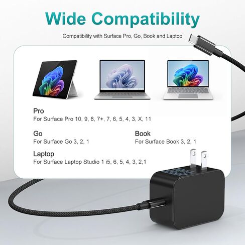 شاحن سطحي جديد بقدرة 65 وات مع قابس تيار متردد قابل للطي، متوافق مع شاحن Surface Pro 13 11,12,10,9,8,7+,7,6,5,4,3,X, Surface Book3,2,1, الكمبيوتر المحمول والكمبيوتر اللوحي، يدعم احتياجات الشحن بقدرة 44 وات 36 وات 24 وات in Kuwait