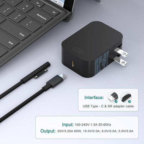 شاحن سطحي جديد بقدرة 65 وات مع قابس تيار متردد قابل للطي، متوافق مع شاحن Surface Pro 13 11,12,10,9,8,7+,7,6,5,4,3,X, Surface Book3,2,1, الكمبيوتر المحمول والكمبيوتر اللوحي، يدعم احتياجات الشحن بقدرة 44 وات 36 وات 24 وات in Kuwait