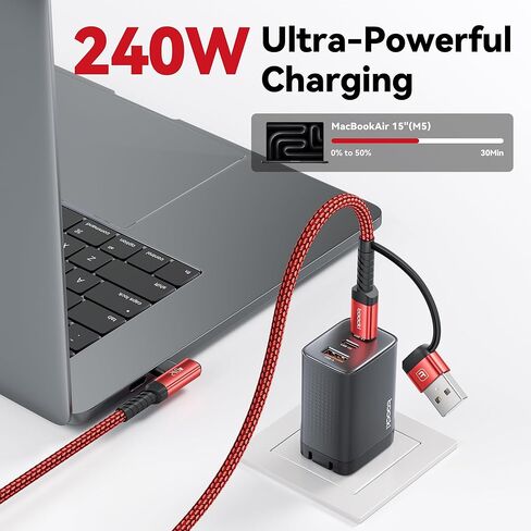 كابل USB C إلى USB C بقوة 240 واط بطول 10 أقدام [عبوة من قطعتين]، سلك شحن سريع 2 في 1 بزاوية يمنى PD 3.1، مدخل USB-A & C مزدوج لهاتف iPhone 17/16/15 Pro وMacBook Pro وiPad وSamsung Galaxy S26/S25-Red in Kuwait