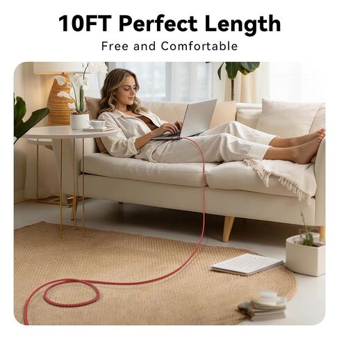 كابل USB C إلى USB C بقوة 240 واط بطول 10 أقدام [عبوة من قطعتين]، سلك شحن سريع 2 في 1 بزاوية يمنى PD 3.1، مدخل USB-A & C مزدوج لهاتف iPhone 17/16/15 Pro وMacBook Pro وiPad وSamsung Galaxy S26/S25-Red in Kuwait