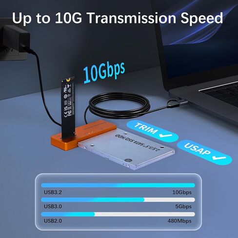 حاوية SSD M.2 NVMe SATA SSD بسرعة 10 جيجابت في الثانية، محول PCIe NVMe بدون أدوات، قارئ محرك أقراص ثابتة خارجي USB 3.2، مفتاح M متوافق مع جميع محركات أقراص M.2/SATA SSD (2.5/3.5 بوصة)، مع شاحن وكابلات USB-C بقدرة 30 وات in Kuwait