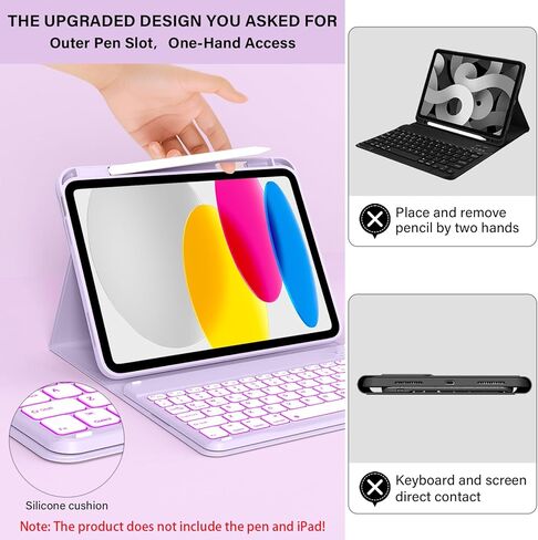 حافظة لجهاز iPad A16 مع لوحة المفاتيح: حافظة لوحة مفاتيح بإضاءة خلفية لاسلكية قابلة للفصل، حافظة لجهاز iPad الجيل العاشر 10.9 مقاس 11 بوصة مع حامل أقلام للطلاب، للتعلم اليومي (أرجواني القلقاس) in Kuwait
