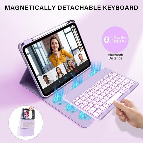 حافظة لجهاز iPad A16 مع لوحة المفاتيح: حافظة لوحة مفاتيح بإضاءة خلفية لاسلكية قابلة للفصل، حافظة لجهاز iPad الجيل العاشر 10.9 مقاس 11 بوصة مع حامل أقلام للطلاب، للتعلم اليومي (أرجواني القلقاس) in Kuwait