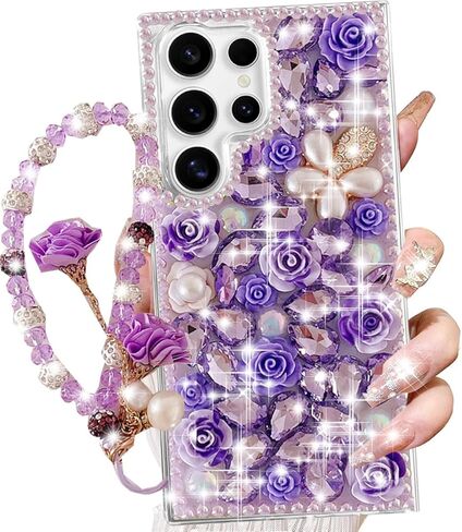 Changjia لهاتف Samsung Galaxy S26 Ultra Glitter Bling Case، لطيف فاخر ثلاثي الأبعاد متلألئ بأحجار الراين الكريستالية وزهور الماس واللؤلؤ مع حزام معصم للنساء والفتيات لهاتف Galaxy S26 Ultra 6.9 بوصة، وردي in Kuwait