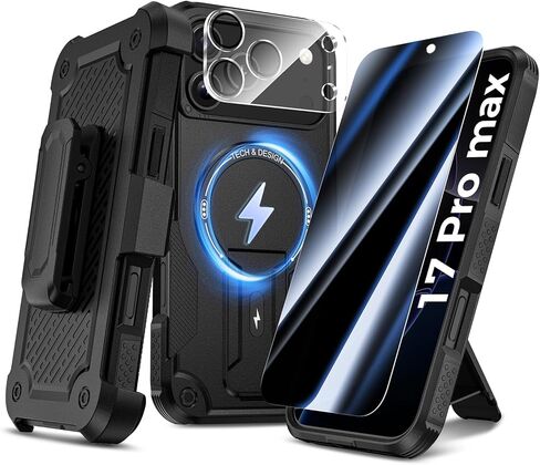 حافظة Goton 4in1 لهاتف iPhone 17 Pro Max مع حافظة بمشبك حزام، وواقي شاشة زجاجي للخصوصية وواقي عدسة الكاميرا، متوافق مع MagSafe، مسند غير مرئي، غطاء هاتف مقاوم للصدمات شديد التحمل in Kuwait
