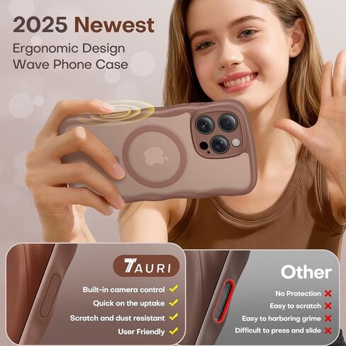 حافظة TAURI مغناطيسية لهاتف iPhone 16 Pro Max، تصميم مموج لطيف [حماية كاملة للكاميرا] [متوافقة مع Magsafe] حافظة شفافة غير لامعة مضادة للانزلاق لهاتف iPhone 16 Pro Max للنساء والفتيات، بني صحراوي in Kuwait
