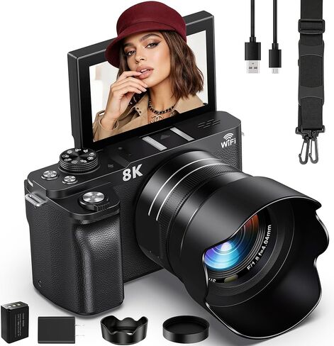 كاميرا رقمية واي فاي - كاميرات 8K 88 ميجابكسل للتصوير الفوتوغرافي - كاميرا تسجيل فيديو بتكبير 18X لليوتيوب مع شاشة قلاب 3 بوصات 180 درجة - كاميرا فيديو بتركيز تلقائي فائق الدقة مع غطاء عدسة وبطاقة 64 جيجابايت in Kuwait