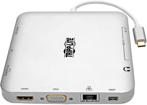 قاعدة توصيل Tripp Lite USB-C للشاشات المزدوجة، 4K HDMI @ 30 هرتز، منفذ عرض صغير mDP، VGA، USB 3.2 Gen 1، منفذ إيثرنت جيجا بايت، شحن 60 وات، متوافق مع Thunderbolt 3، ضمان 3 سنوات (U442-DOCK2-S) in Kuwait