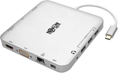 قاعدة توصيل Tripp Lite USB-C للشاشات المزدوجة، 4K HDMI @ 30 هرتز، منفذ عرض صغير mDP، VGA، USB 3.2 Gen 1، منفذ إيثرنت جيجا بايت، شحن 60 وات، متوافق مع Thunderbolt 3، ضمان 3 سنوات (U442-DOCK2-S) in Kuwait