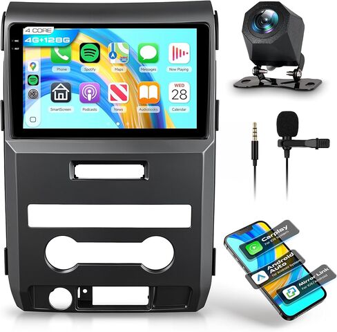 راديو سيارة 4G+128G لسيارة Ford F150 2009 2010 2011 2012 مع CarPlay Android Auto، شاشة لمس 9 بوصة ستيريو سيارة Android مع GPS Navi WiFi Mirror Link SWC Bluetooth AM/FM/RDS EQ كاميرا احتياطية in Kuwait
