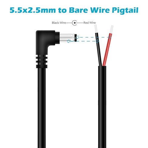 10 عبوات 18AWG DC كابل ضفيرة الطاقة، 5.5 مم × 2.5 مم الزاوية اليمنى DC برميل ذكر التوصيل جاك موصل إلى الأسلاك العارية محول التيار الكهربائي إصلاح الحبل لكاميرا مراقبة CCTV شريط LED، 1 قدم in Kuwait